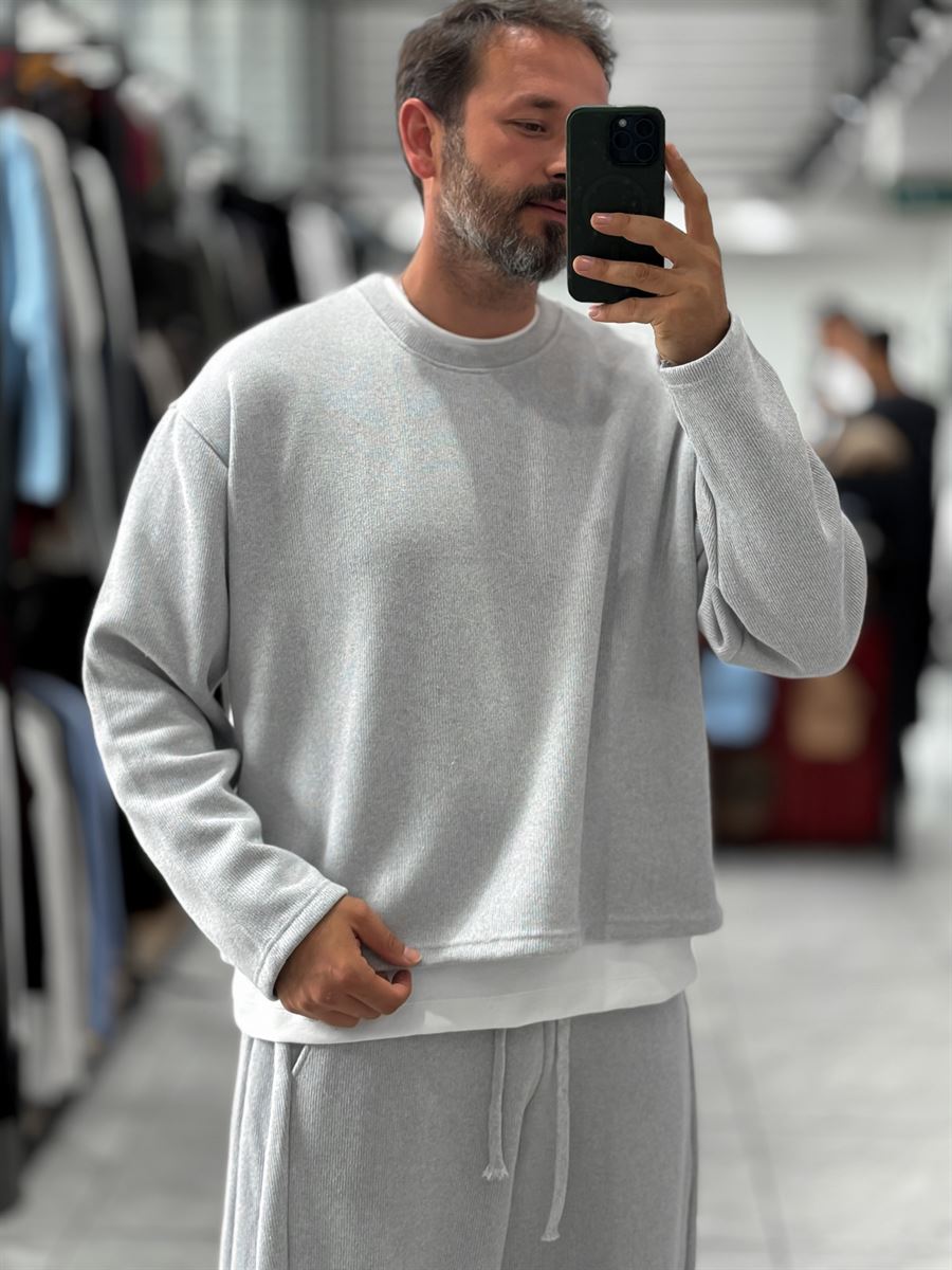 Light Gray Knitted Basic Knit Sweatshirt HM-