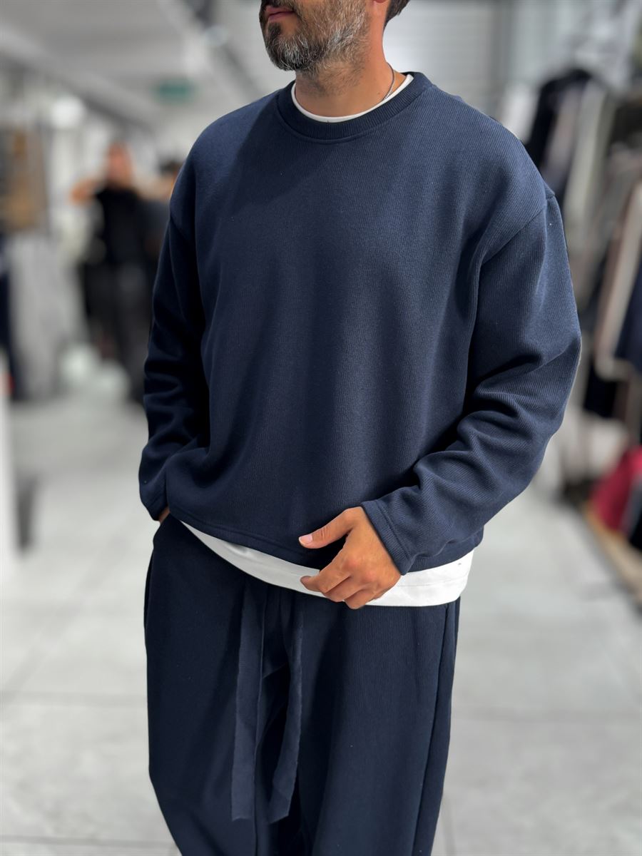 Navy Knitted Basic Knit Sweatshirt HM-