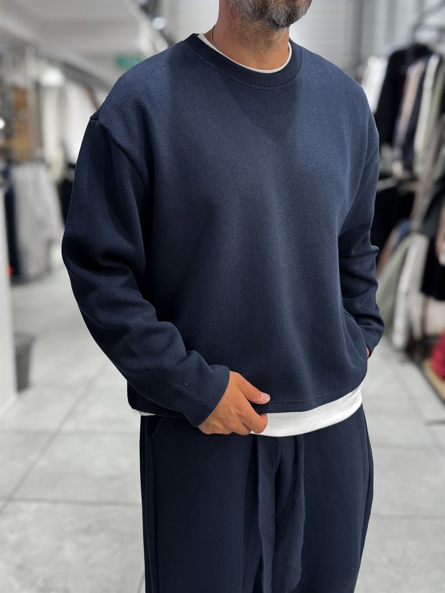 Navy Knitted Basic Knit Sweatshirt HM-