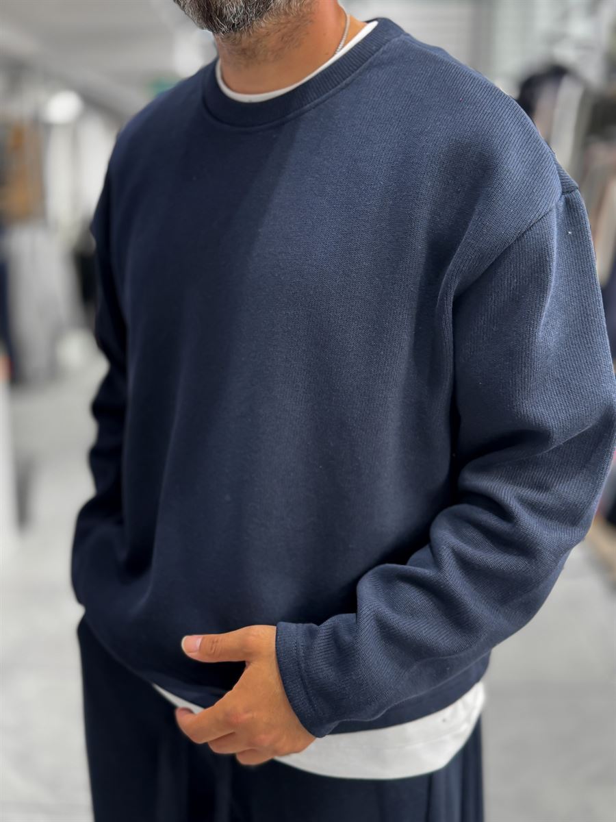 Navy Knitted Basic Knit Sweatshirt HM-