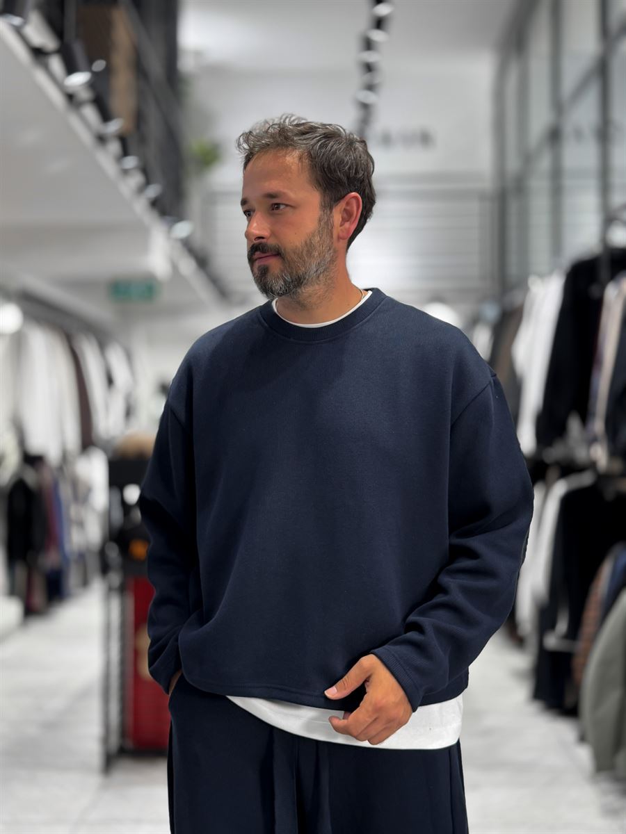 Navy Knitted Basic Knit Sweatshirt HM-