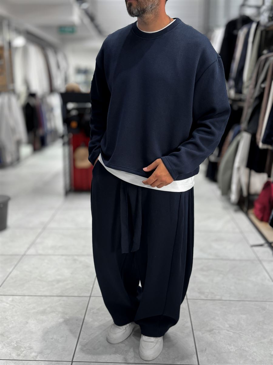 Navy Knitted Basic Knit Sweatshirt HM-