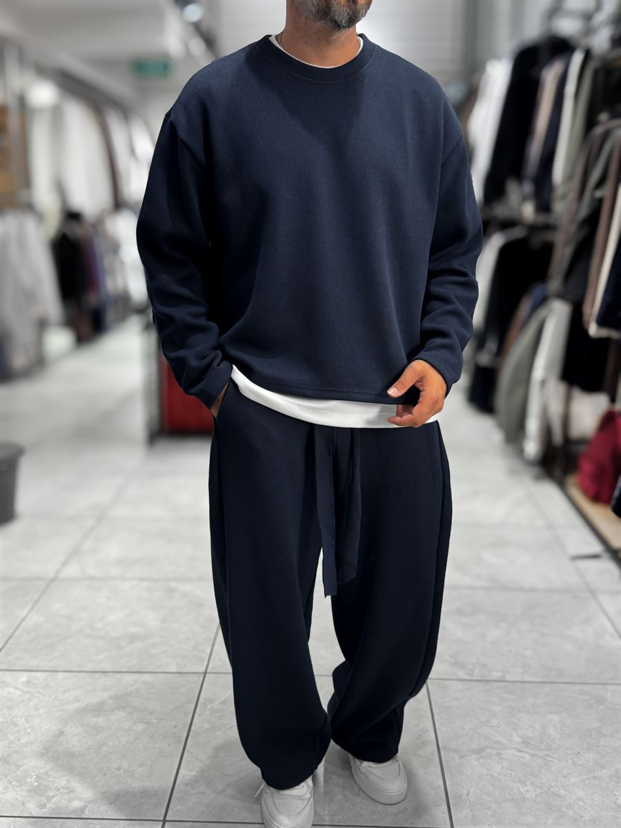 Navy Knitted Basic Knit Sweatshirt HM-