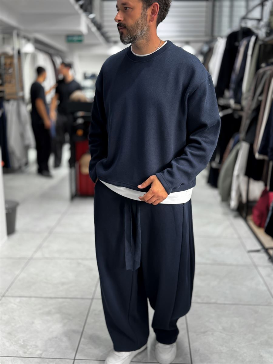 Navy Knitted Basic Knit Sweatshirt HM-