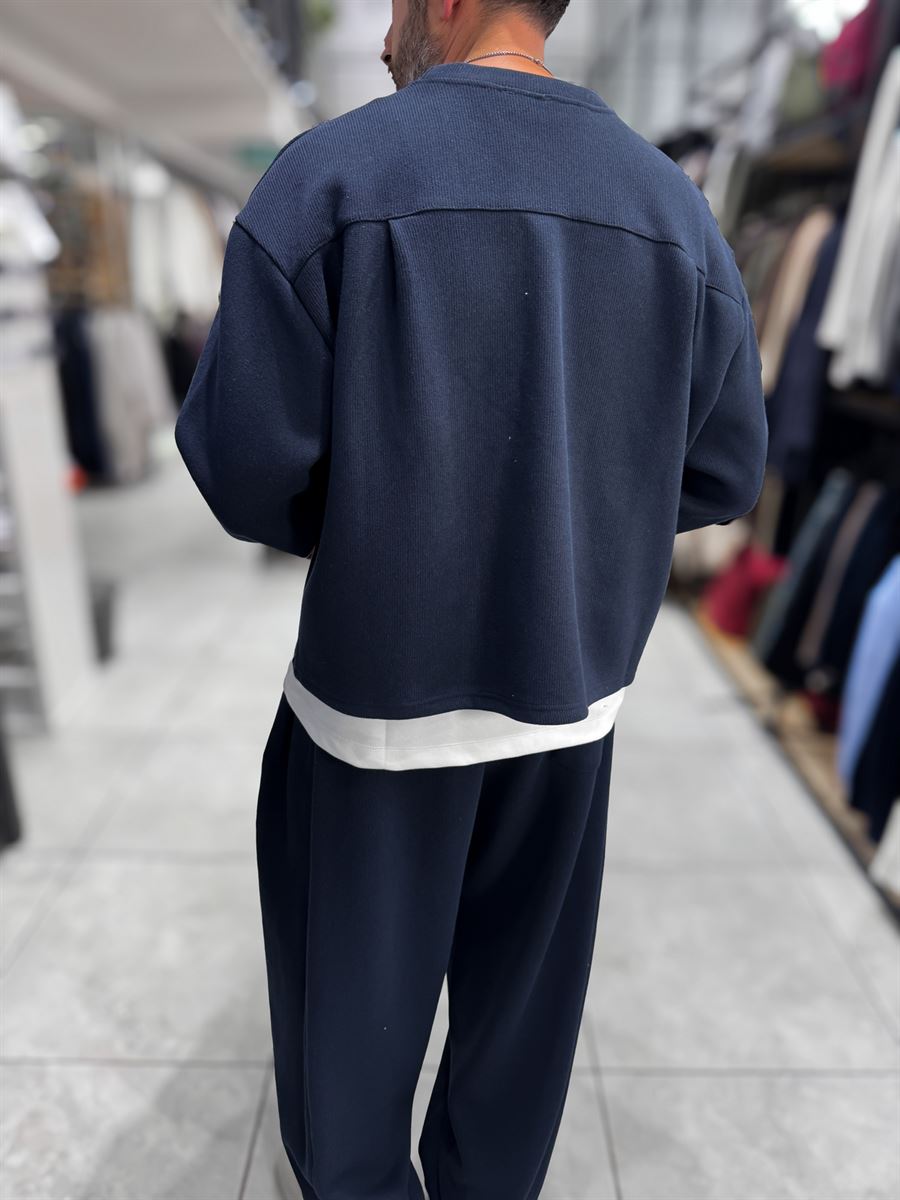 Navy Knitted Basic Knit Sweatshirt HM-