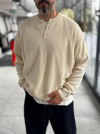 Beige Button-Collar Oversized Knit Sweatshirt PM-009