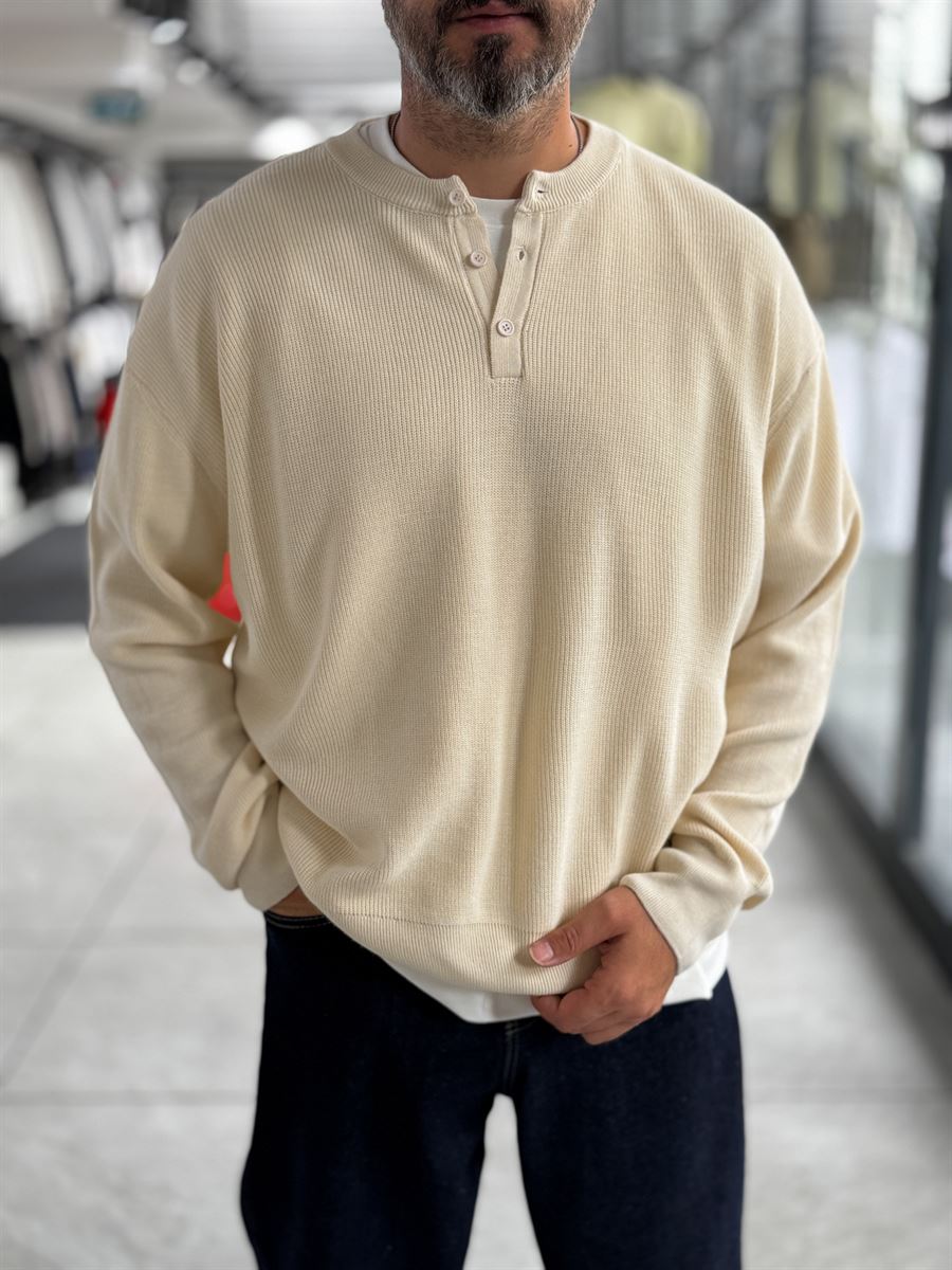 Beige Button-Collar Oversized Knit Sweatshirt PM-009