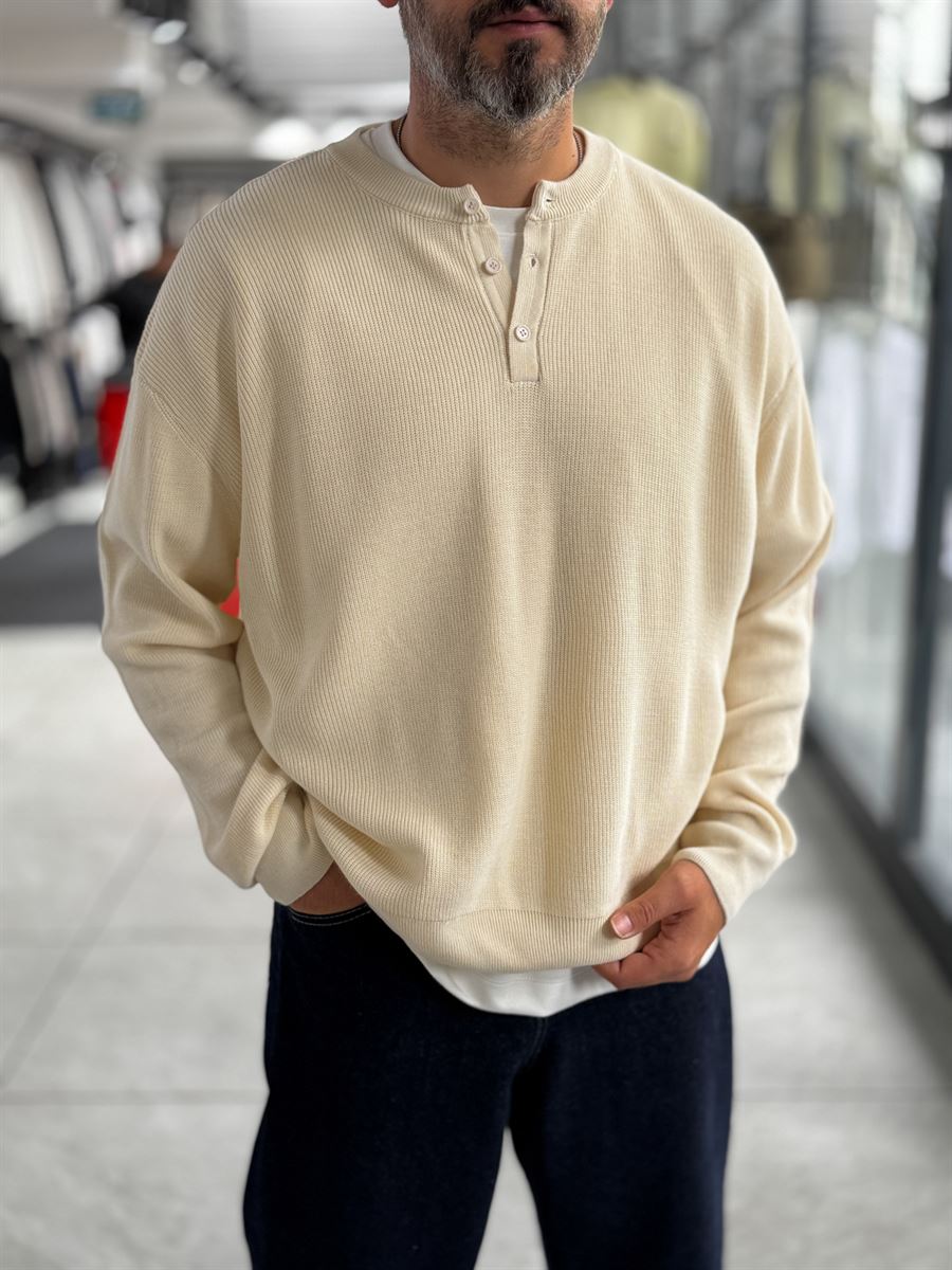Beige Button-Collar Oversized Knit Sweatshirt PM-009