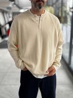 Beige Button-Collar Oversized Knit Sweatshirt PM-009