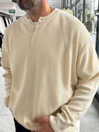 Beige Button-Collar Oversized Knit Sweatshirt PM-009