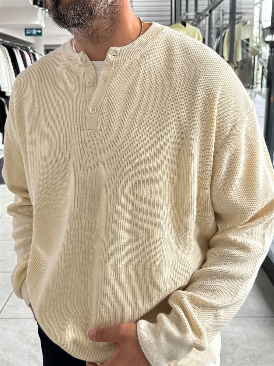 Beige Button-Collar Oversized Knit Sweatshirt PM-009
