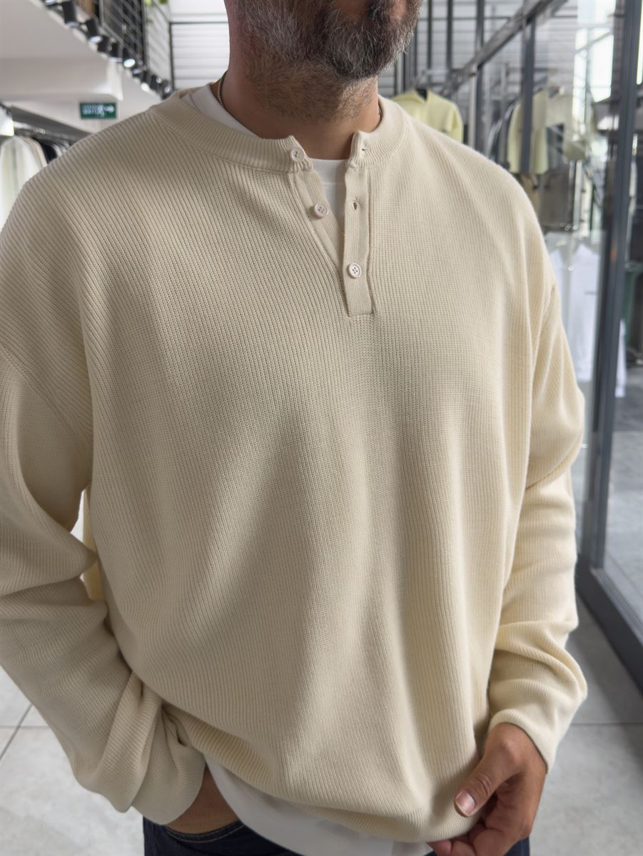 Beige Button-Collar Oversized Knit Sweatshirt PM-009