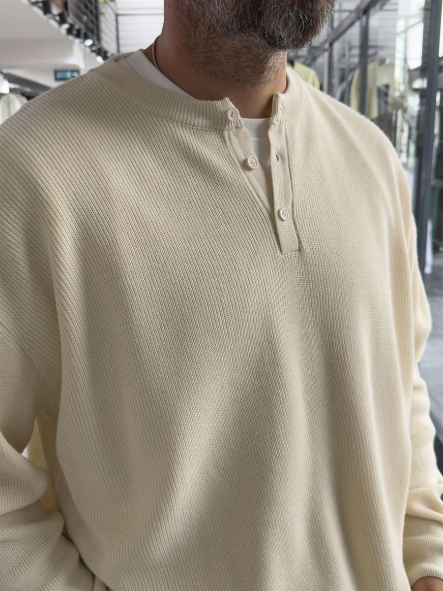 Beige Button-Collar Oversized Knit Sweatshirt PM-009