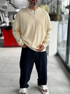 Beige Button-Collar Oversized Knit Sweatshirt PM-009