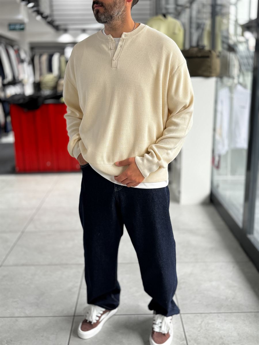 Beige Button-Collar Oversized Knit Sweatshirt PM-009