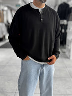 Black Button-Collar Oversized Knit Sweatshirt PM-009