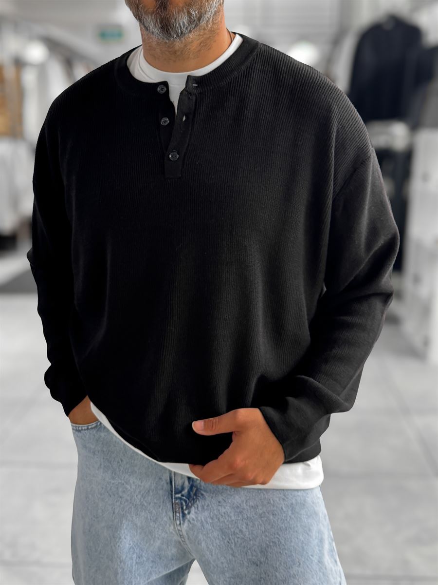 Black Button-Collar Oversized Knit Sweatshirt PM-009