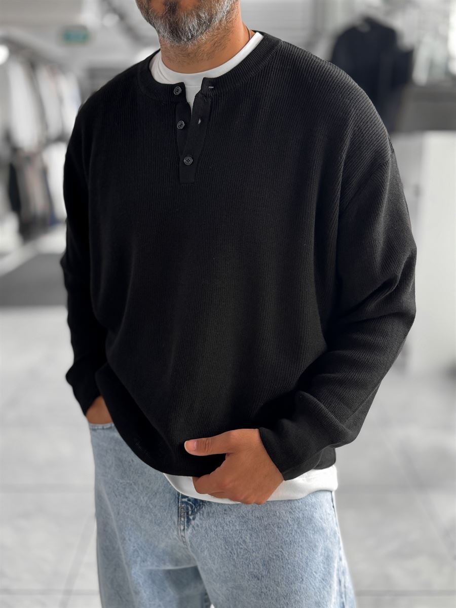 Black Button-Collar Oversized Knit Sweatshirt PM-009