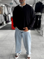 Black Button-Collar Oversized Knit Sweatshirt PM-009