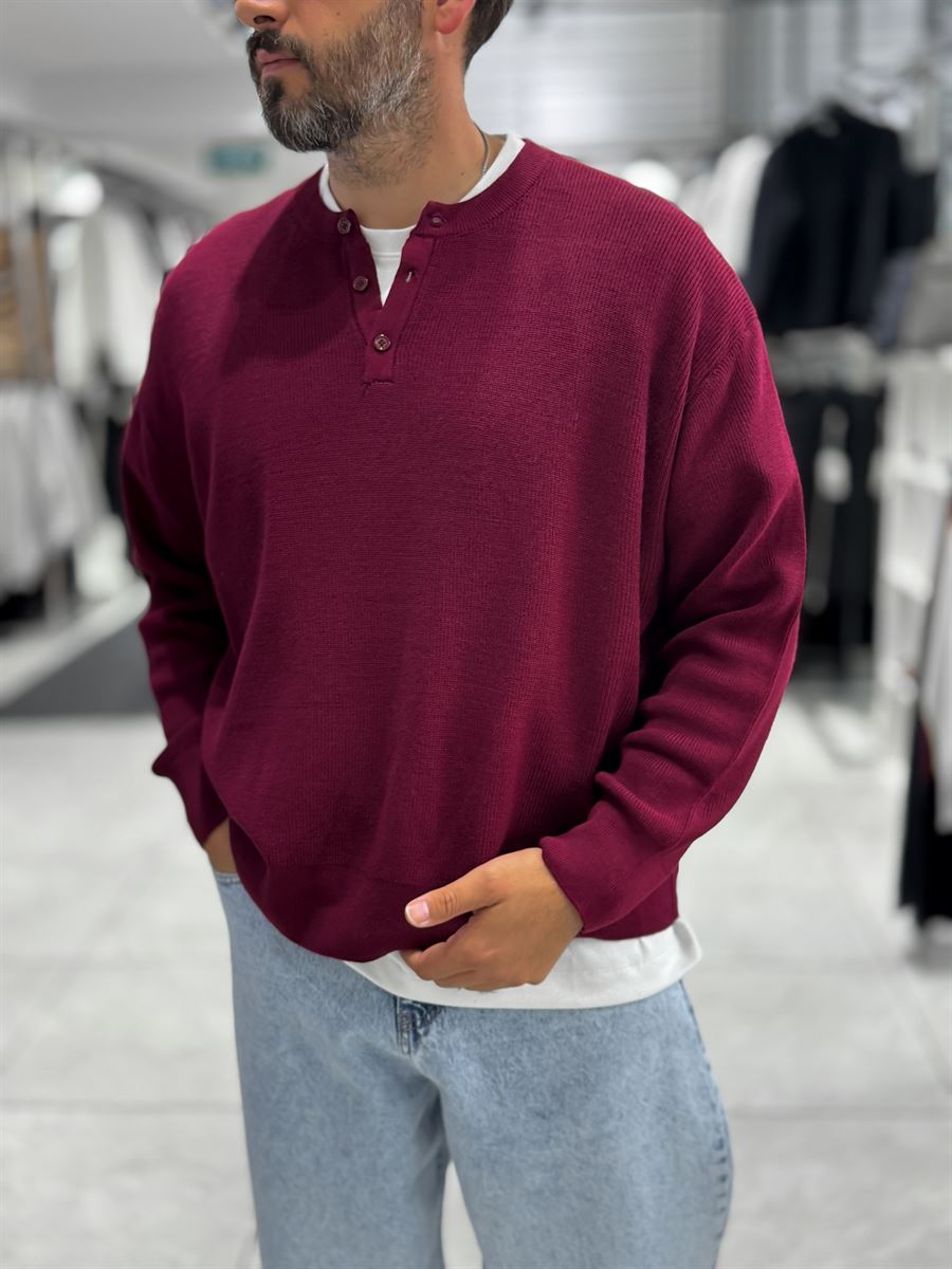 Burgundy Button-Collar Oversized Knit Sweatshirt PM-009