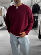 Burgundy Button-Collar Oversized Knit Sweatshirt PM-009