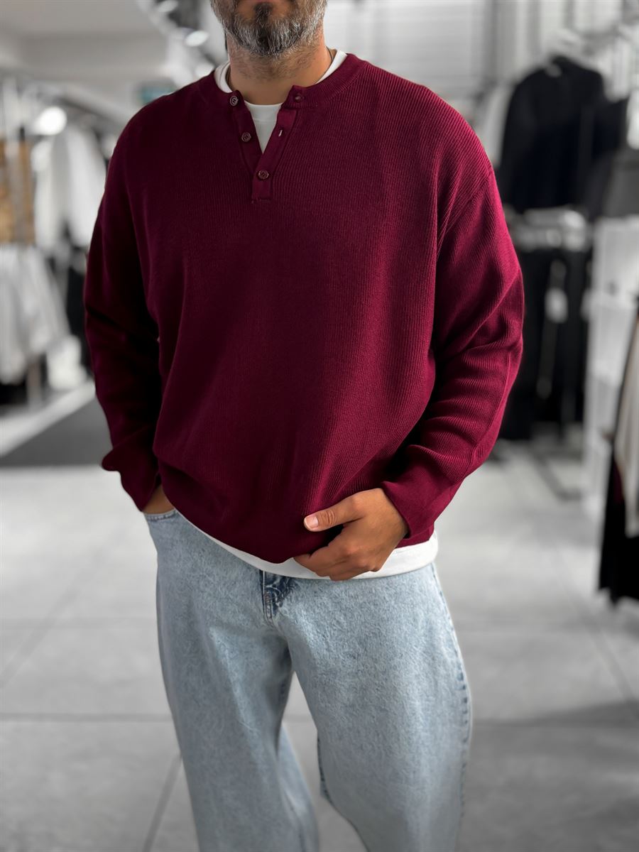 Burgundy Button-Collar Oversized Knit Sweatshirt PM-009