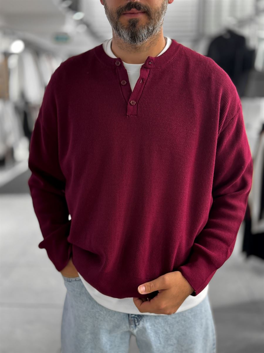 Burgundy Button-Collar Oversized Knit Sweatshirt PM-009