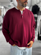 Burgundy Button-Collar Oversized Knit Sweatshirt PM-009