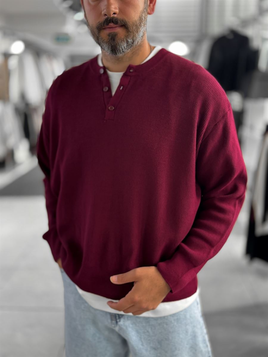 Burgundy Button-Collar Oversized Knit Sweatshirt PM-009