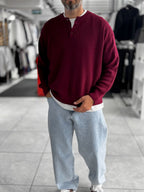 Burgundy Button-Collar Oversized Knit Sweatshirt PM-009