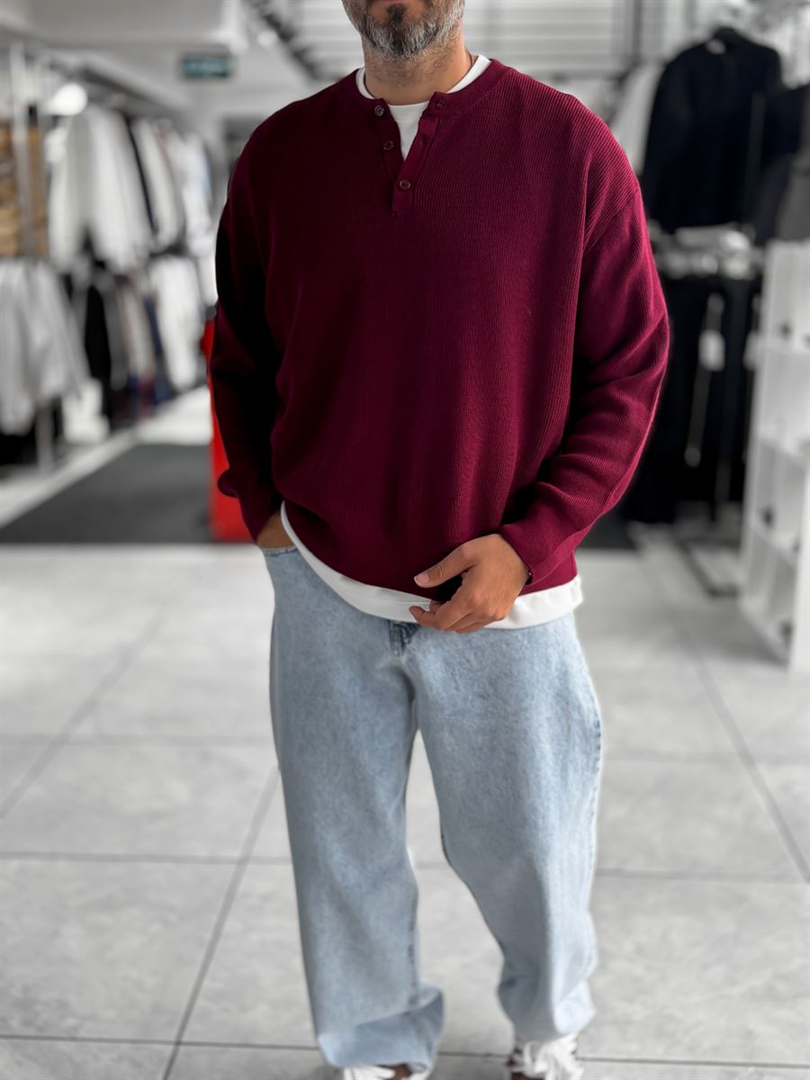 Burgundy Button-Collar Oversized Knit Sweatshirt PM-009