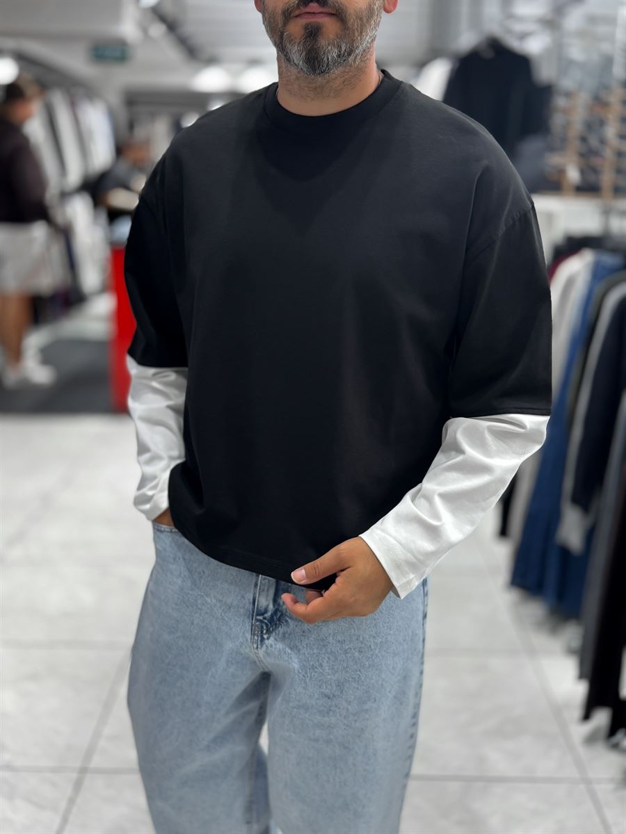 Black Panelled Sleeve Lightweight Oversized Sweatshirt PM-206