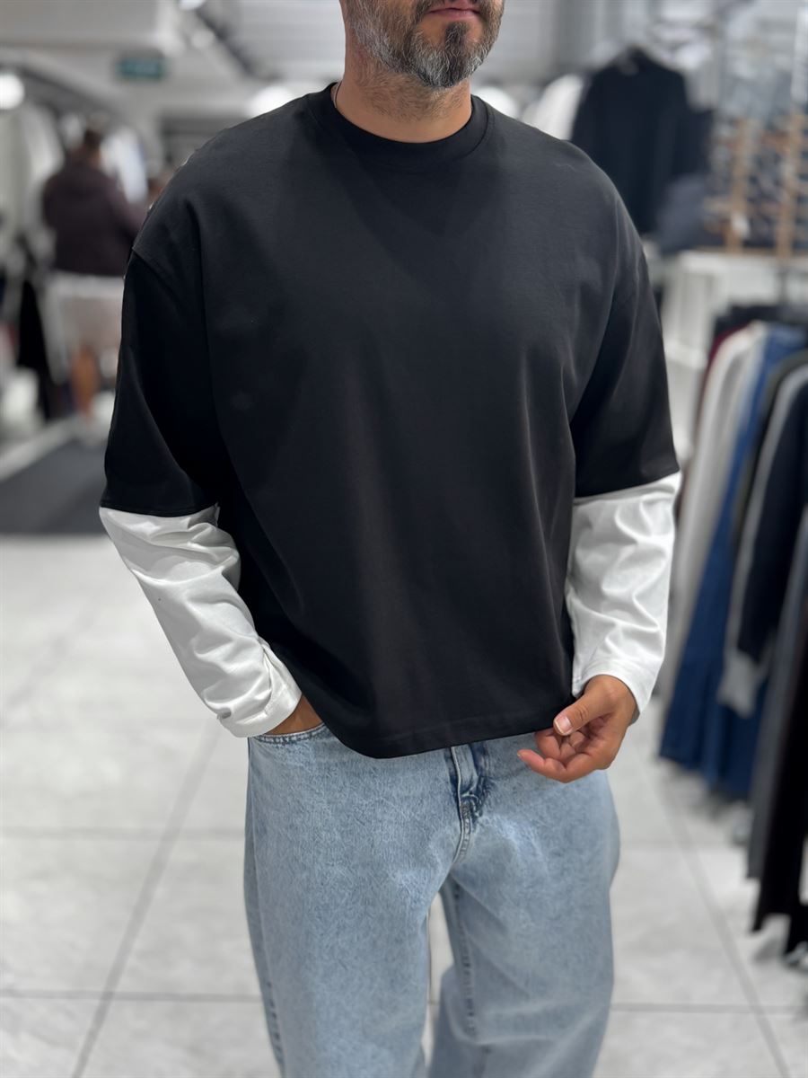 Black Panelled Sleeve Lightweight Oversized Sweatshirt PM-206