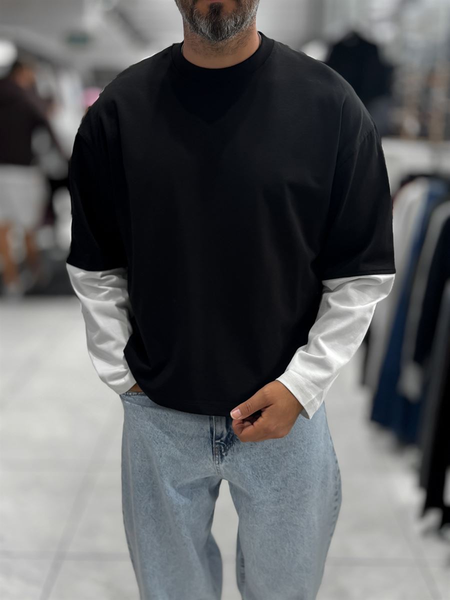 Black Panelled Sleeve Lightweight Oversized Sweatshirt PM-206