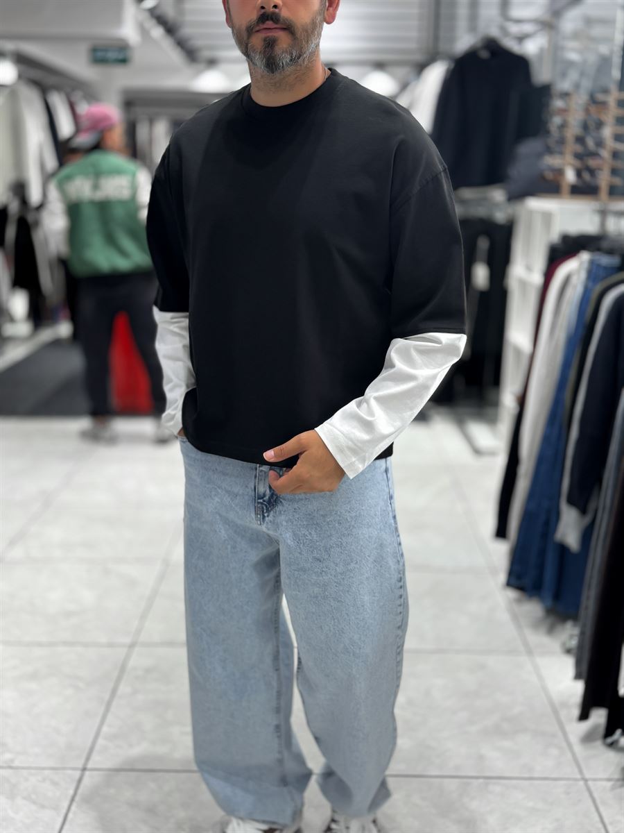 Black Panelled Sleeve Lightweight Oversized Sweatshirt PM-206