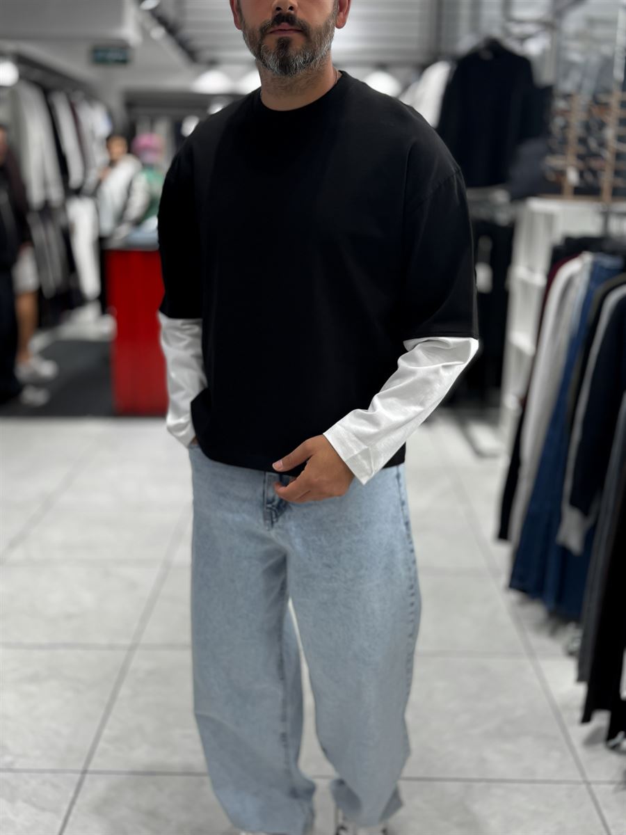 Black Panelled Sleeve Lightweight Oversized Sweatshirt PM-206