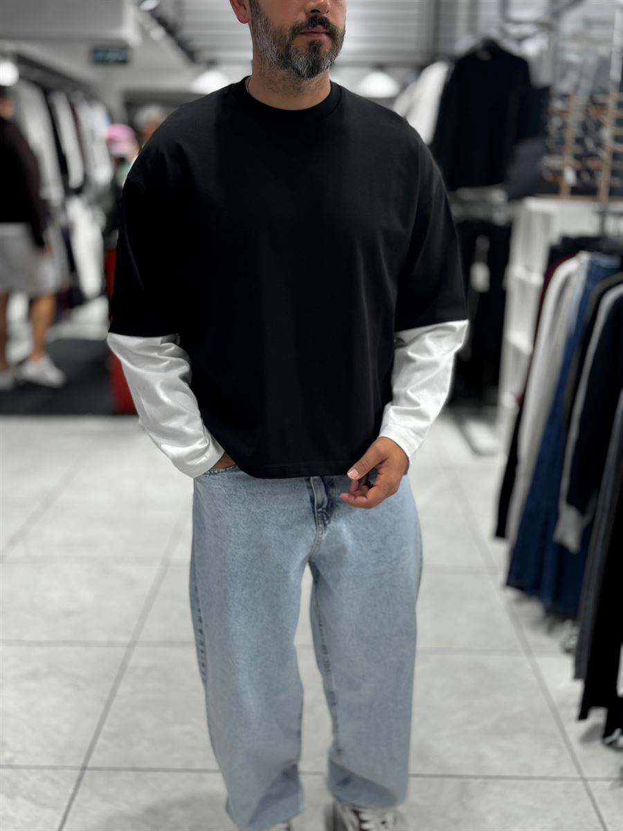 Black Panelled Sleeve Lightweight Oversized Sweatshirt PM-206