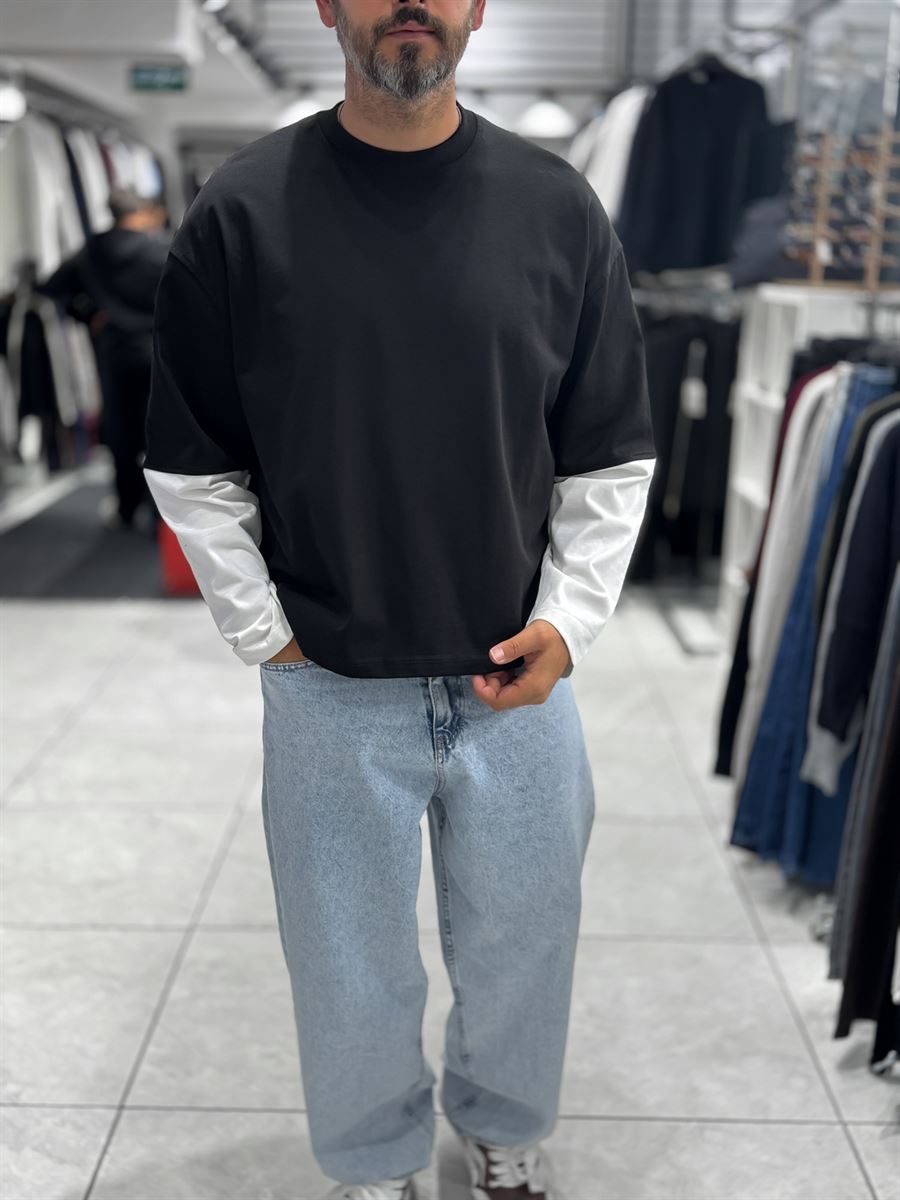 Black Panelled Sleeve Lightweight Oversized Sweatshirt PM-206
