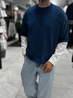 Navy Panelled Sleeve Lightweight Oversized Sweatshirt PM-206
