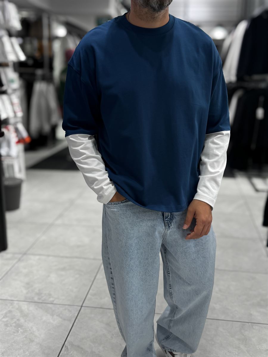 Navy Panelled Sleeve Lightweight Oversized Sweatshirt PM-206
