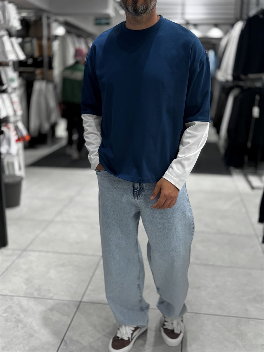 Navy Panelled Sleeve Lightweight Oversized Sweatshirt PM-206