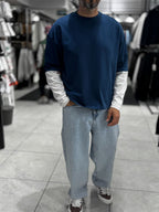 Navy Panelled Sleeve Lightweight Oversized Sweatshirt PM-206