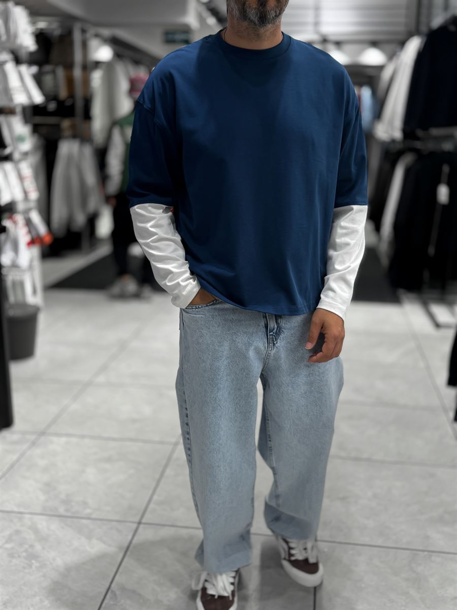 Navy Panelled Sleeve Lightweight Oversized Sweatshirt PM-206