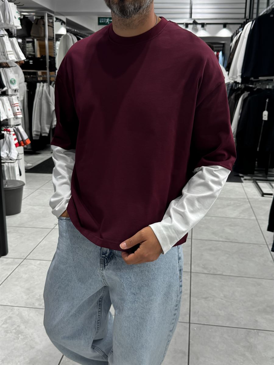 Burgundy Panelled Sleeve Lightweight Oversized Sweatshirt PM-206