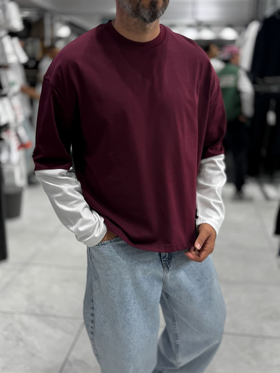 Burgundy Panelled Sleeve Lightweight Oversized Sweatshirt PM-206