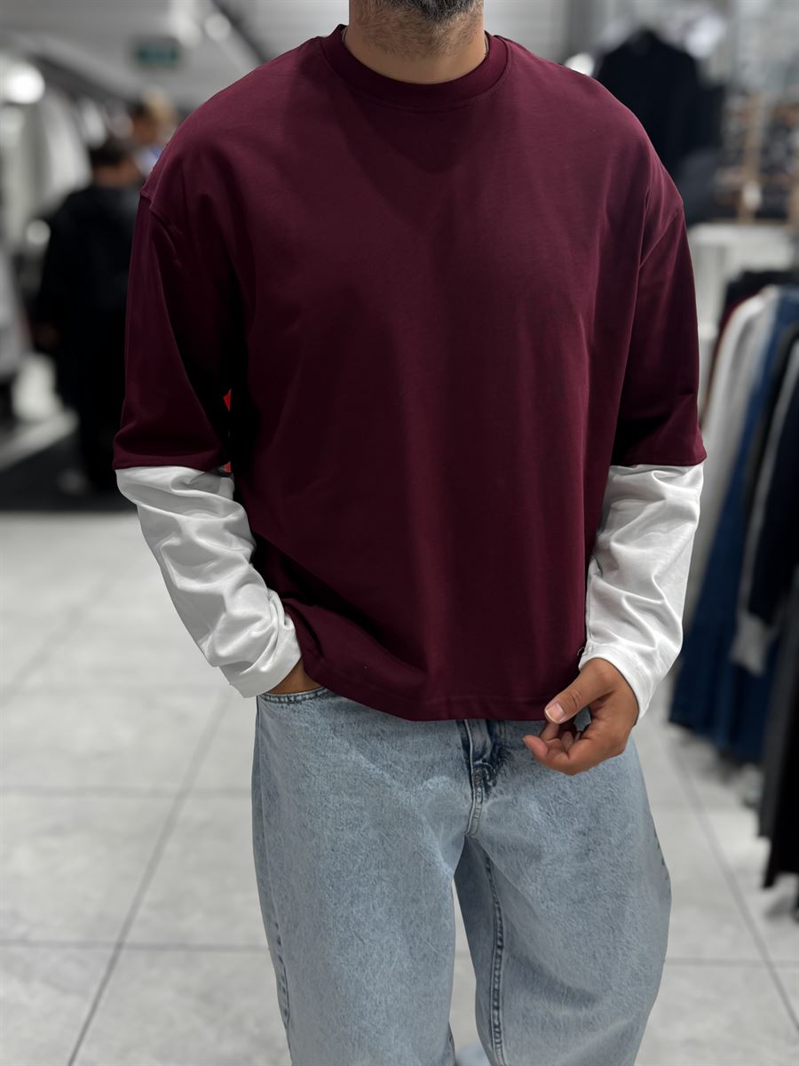 Burgundy Panelled Sleeve Lightweight Oversized Sweatshirt PM-206