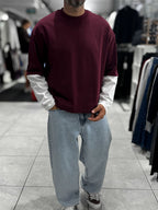 Burgundy Panelled Sleeve Lightweight Oversized Sweatshirt PM-206