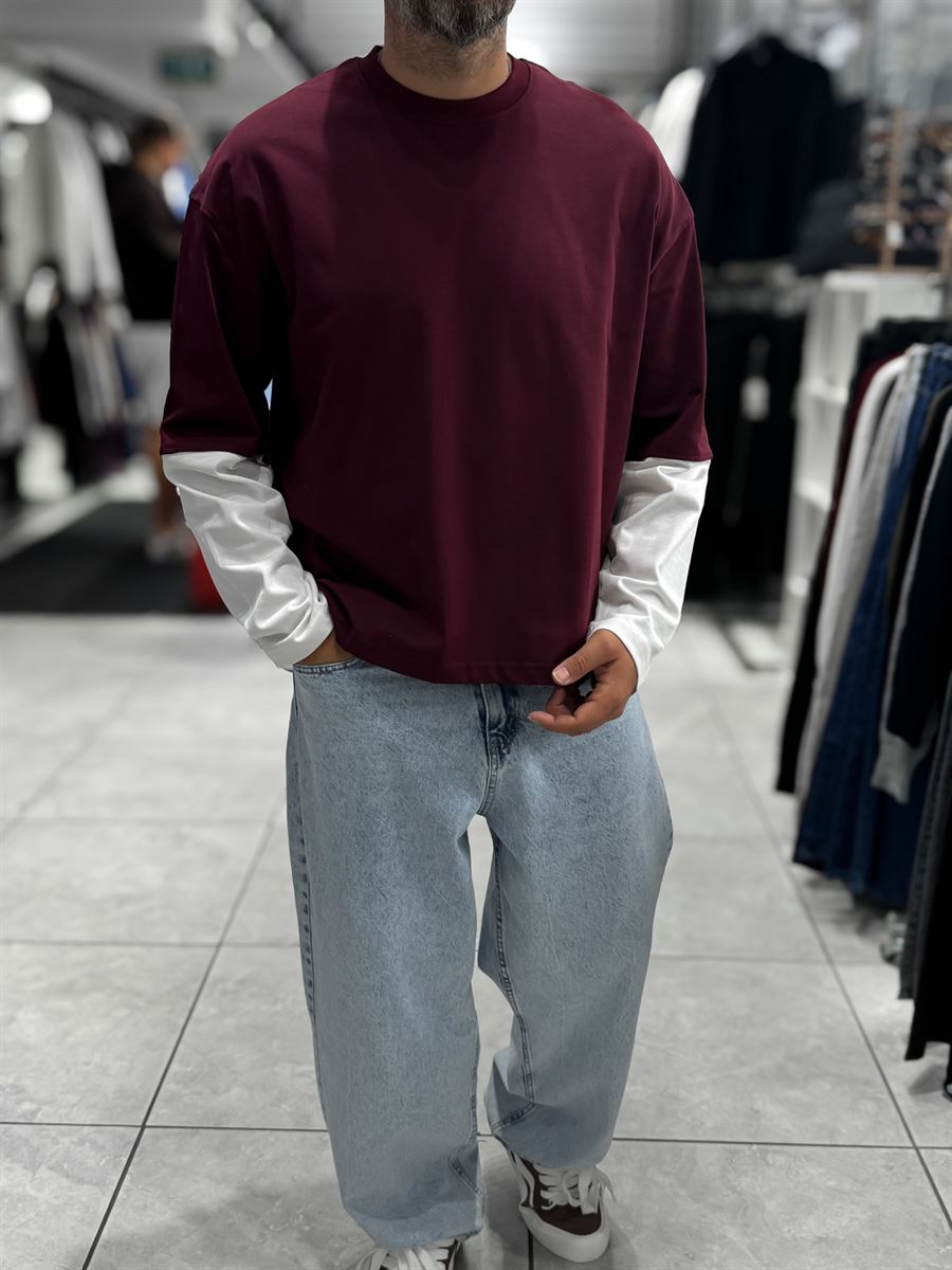 Burgundy Panelled Sleeve Lightweight Oversized Sweatshirt PM-206