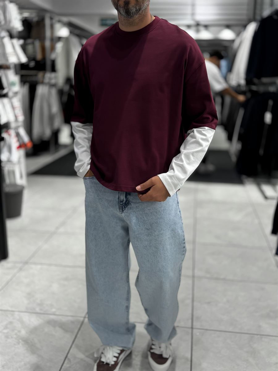Burgundy Panelled Sleeve Lightweight Oversized Sweatshirt PM-206