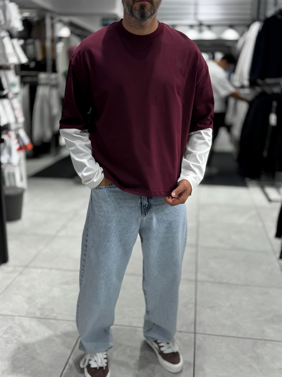 Burgundy Panelled Sleeve Lightweight Oversized Sweatshirt PM-206